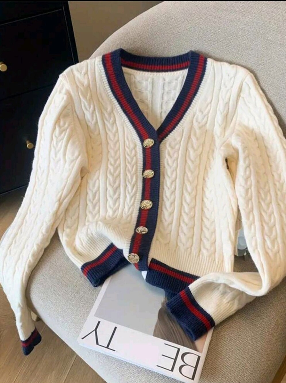 Women's Casual Collegiate Striped Contrast Color Gold Button Knit Cardigan